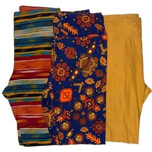 Lot of 3 LuLaRoe Leggings Size OS Solid Yellow Striped Orange Red Blue Cream